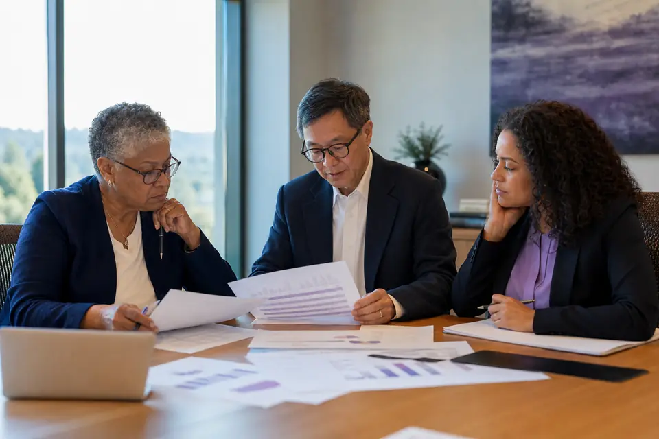 Board compensation committee reviewing salary survey data at a conference table