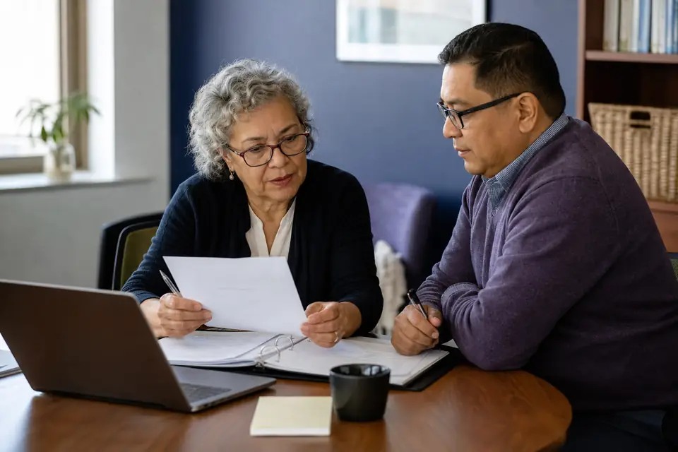 Nonprofit executive director and board treasurer reviewing a letter at a conference table