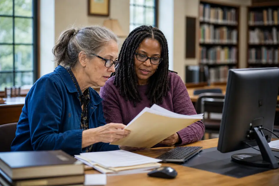 Two garden club volunteers filing online at a library computer with a folder of records