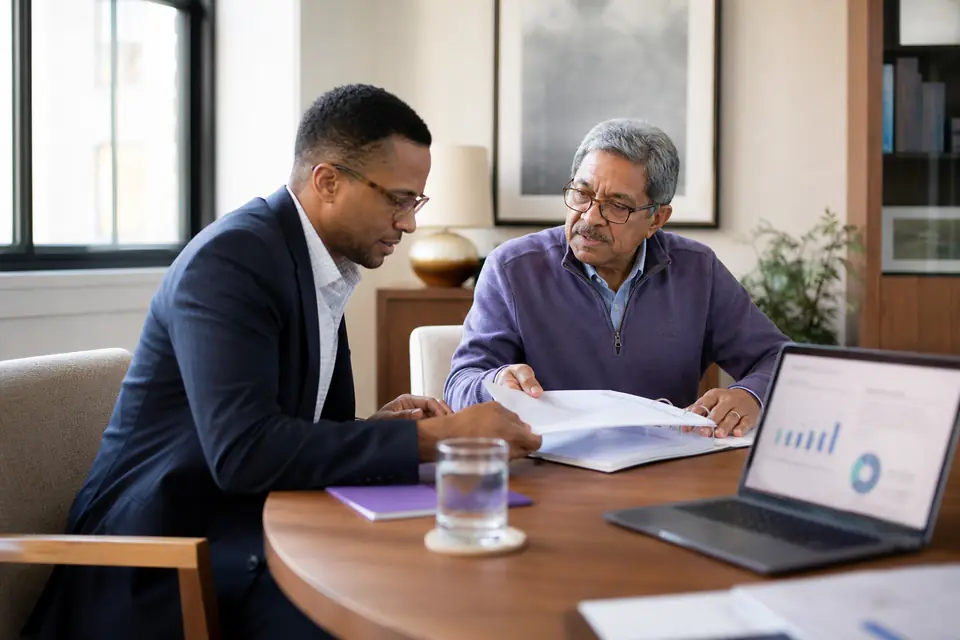 Two family foundation trustees reviewing grant applications and an investment statement
