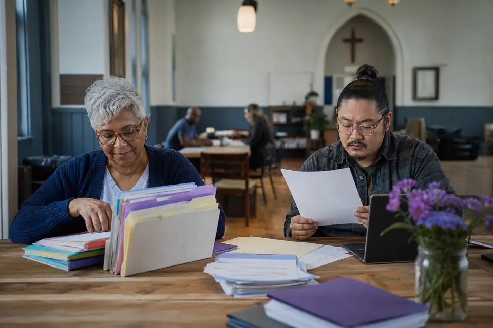 Bookkeeper sorting donor record folders as a director reads a draft at a table