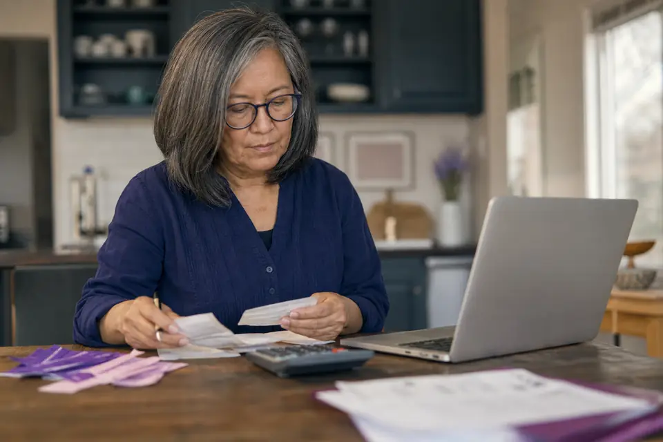 Volunteer treasurer at a kitchen table with laptop, calculator and bank deposit slips