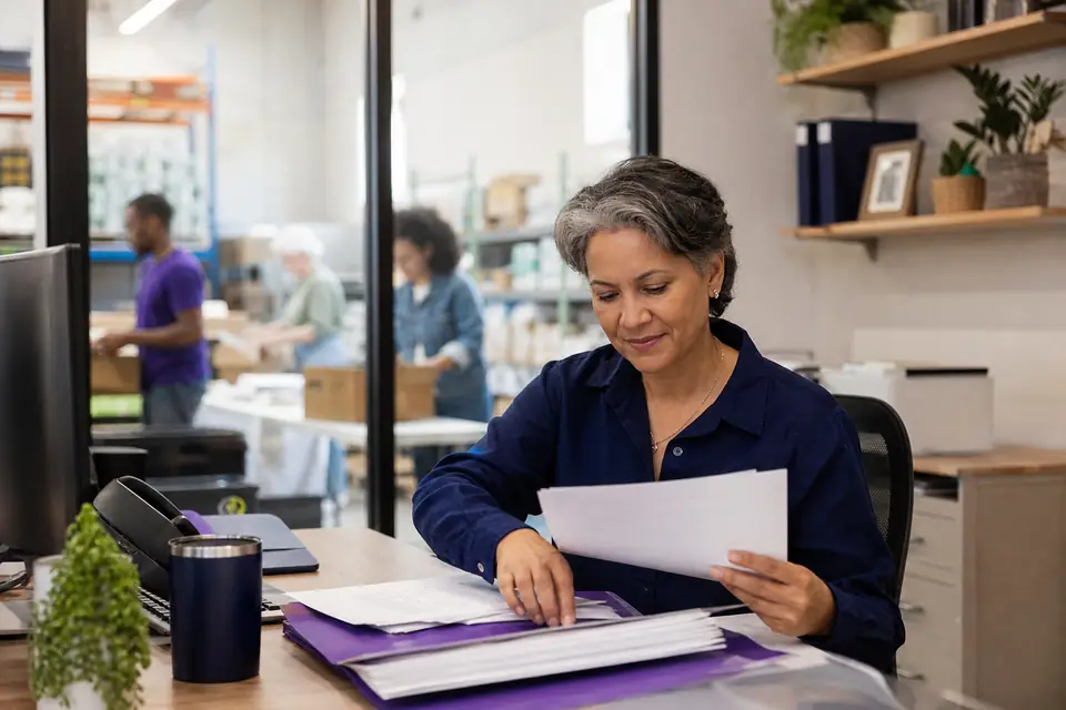 Development director organizing gift acknowledgment letters at a food bank office desk