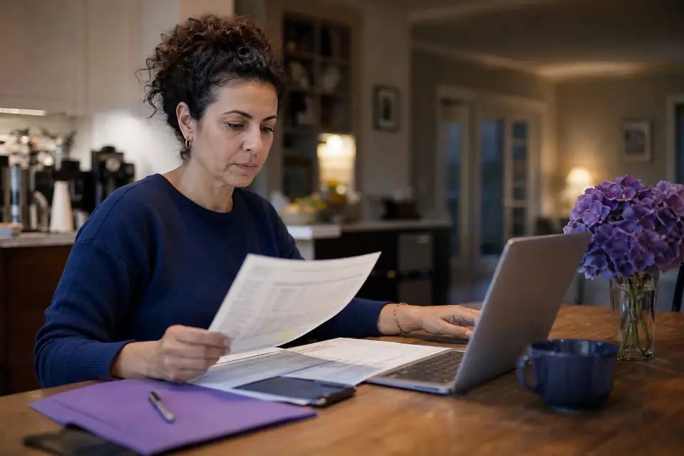 Volunteer treasurer reviewing bank statements and a spreadsheet at her kitchen table