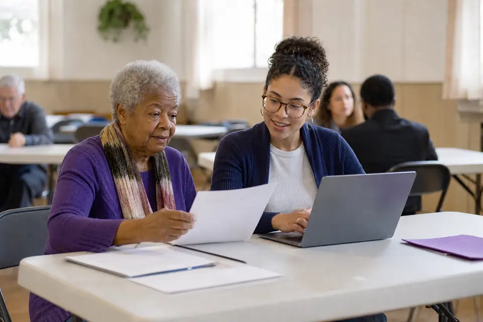 Two volunteers at a folding table in a fellowship hall working on a laptop