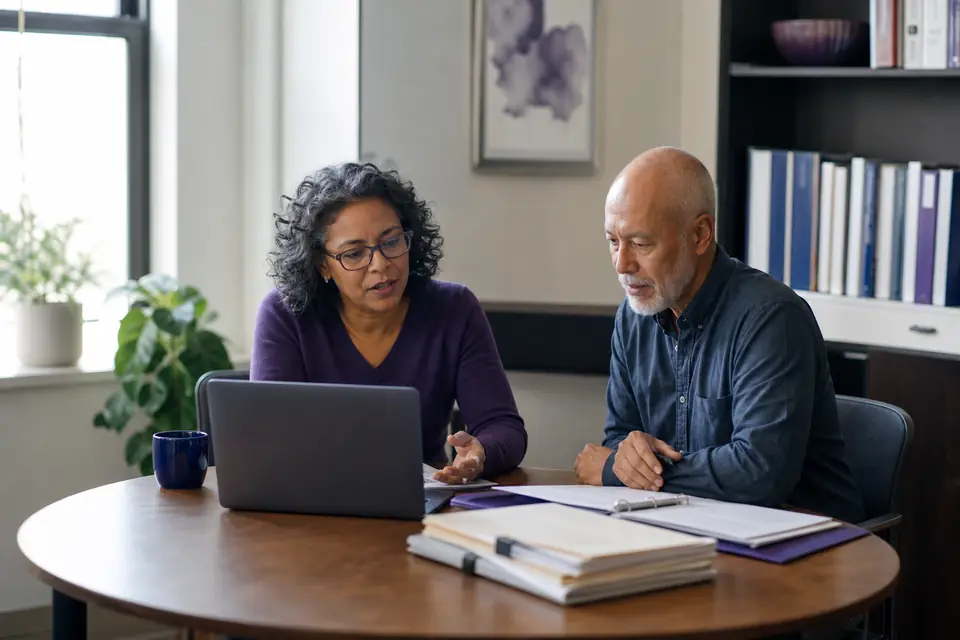 Development director and board treasurer planning filings at a round office table