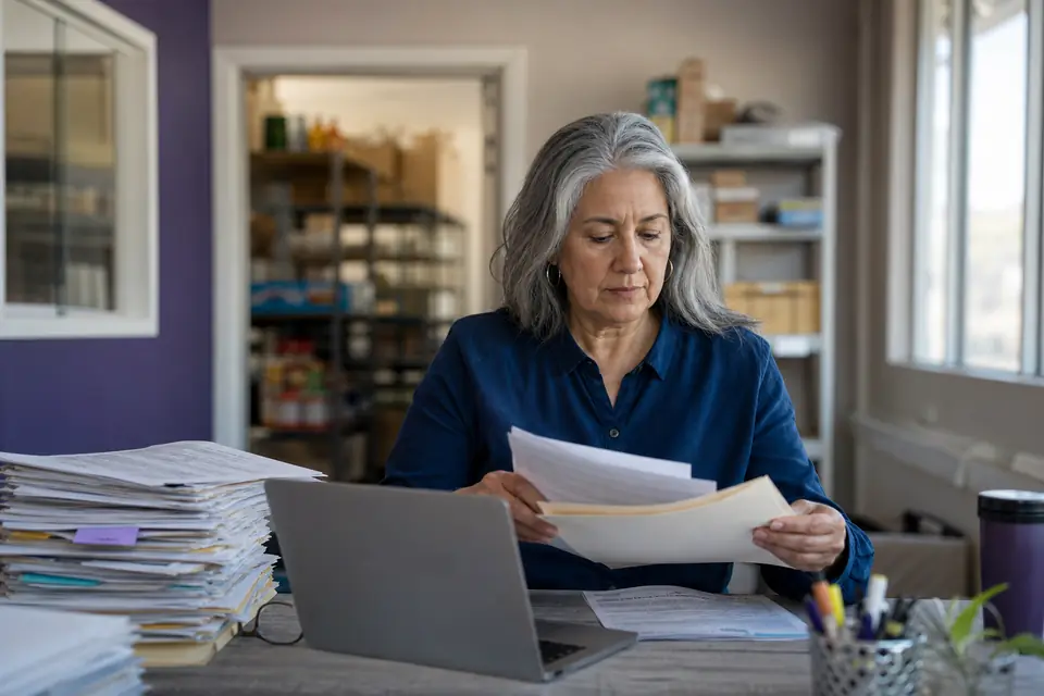 Food pantry director sorting old paperwork into folders beside a laptop