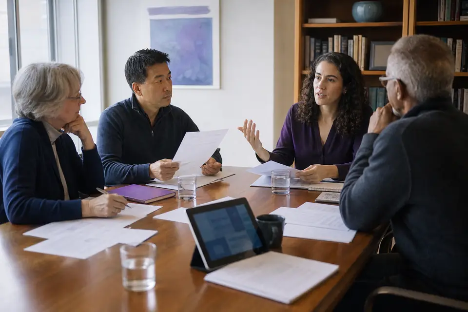 Family foundation board discussing grant proposals around a conference table