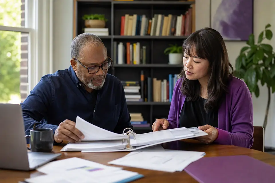 Nonprofit treasurer and director reviewing year-end financial statements at an office table